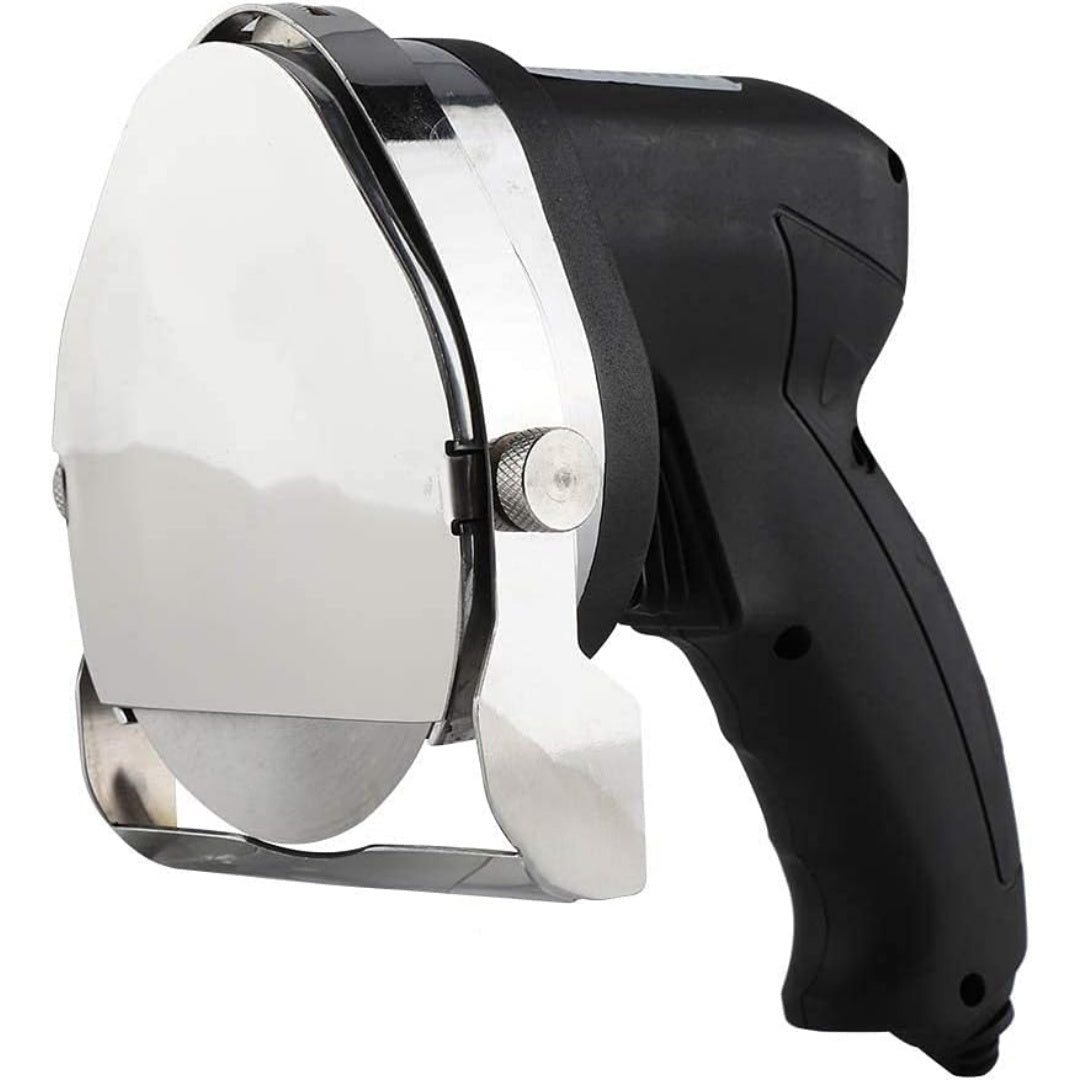 Un coltello elettrico per ricavare porzioni con impugnatura e con elementi in acciaio inox