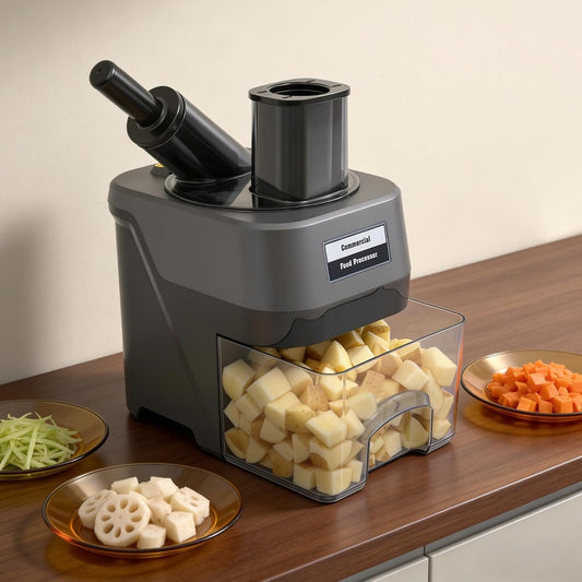 Ingredienti lavorati in un recipiente con lame con elementi in acciaio inox