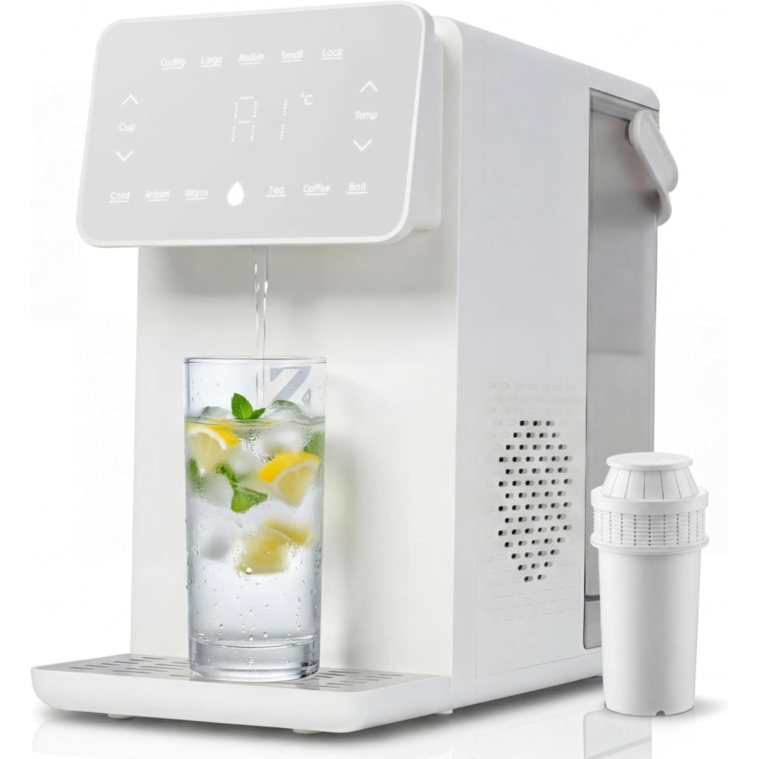 Erogazione dal recipiente per acqua calda di colore bianco e con regolazione della temperatura